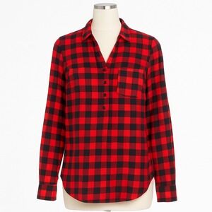 J Crew S‎ Red Navy Buffalo Plaid Popover Shirt Long Sleeve Perfect Fit Casual